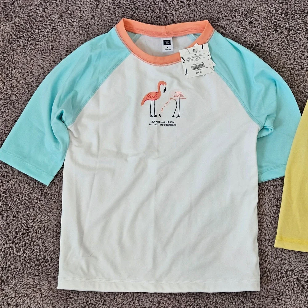 Janie and Jack Rash Guard Kids Size 5 Lot of 2 New UPF 50+ Nautical Flamingo Sun
